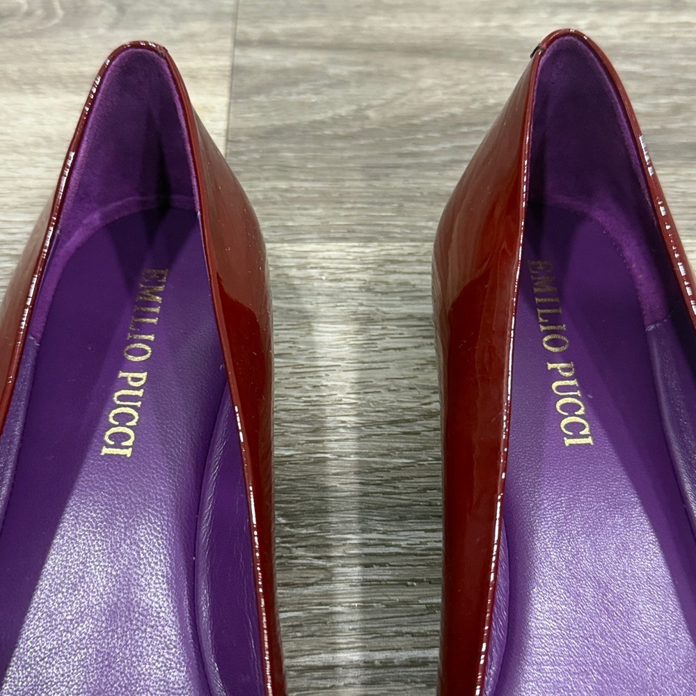 Emilio Pucci Burgundy Flats with Gold Buckle Patent Leather Ballerina Shoes - Picture 5 of 8